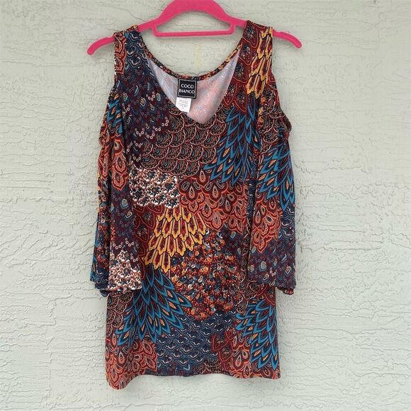 Coco Bianco Women's XL Multicolor Paisley Bell Sleeve Cold Shoulder Top - Picture 1 of 9